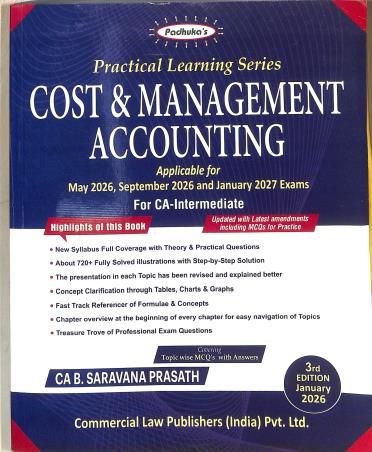 Book cover number 1 for Practical Learning Series Cost & Management Accounting (May 2026,Sept 2026/Jan 2027 Exams)CA Interm written by B. Saravana Prasath published by Commercial Law Publishers (India) Pvt. Ltd.