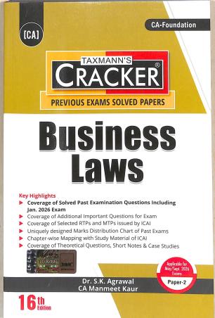 Book cover number 1 for Taxmann's Cracker Business Laws (Paper 2) CA Foundation written by S. K. Aggarwal, Manmeet Kaur published by Taxmann Publications Pvt. Ltd.