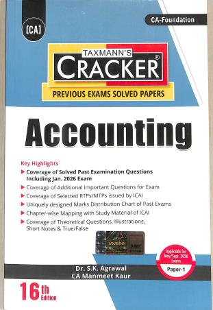 Book cover number 1 for Taxmann's Cracker Accounting (Paper 1) CA Foundation written by S. K. Aggarwal, Manmeet Kaur published by Taxmann Publications Pvt. Ltd.
