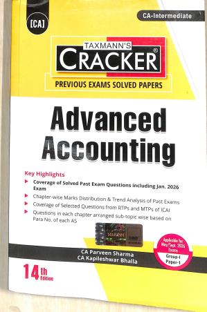 Book cover number 1 for Taxmann's Cracker Advanced Accounting (Group 1 Paper 1) CA Intermediate written by Parveen Sharma, Kapileshwar Bhalla published by Taxmann Publications Pvt. Ltd.