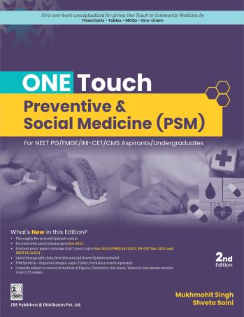 Book cover number 1 for One Touch Preventive & Social Medicine (PSM) written by Mukhmohit Singh, Shveta Saini published by CBS Publishers & Distributors Pvt. Ltd.