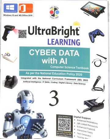 Book cover number 1 for UltraBright Learning Cyber Data With AI Class 3 (Windiows 10 & MS Office 2019)NEP 2020 / NCF SE 2023 written by NA published by Deepu Prakashan
