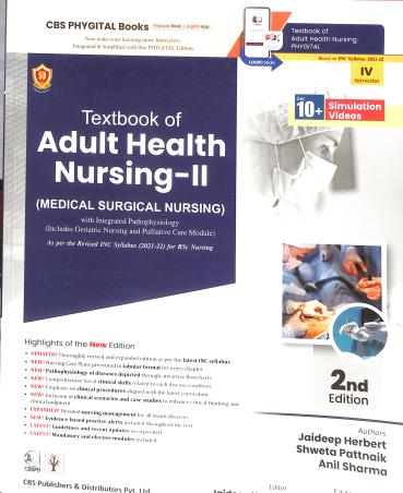 Book cover number 1 for Textbook Of Adult  Health Nursing - 2 Semester 4 (Medical Surgical Nursing) written by Anil Sharma, Jaideep Herbert, Shweta Pattnaik published by CBS Publishers & Distributors Pvt. Ltd.