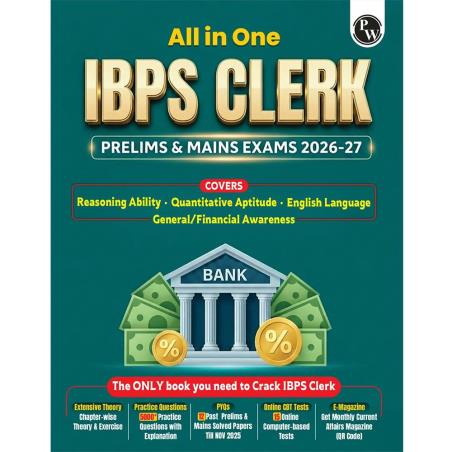 Book cover number 1 for All In One IBPS Clerk (Prelims & Mains Exams 2026-27) written by NA published by Physicswallah Private Limited