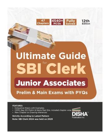 Book cover number 1 for Ultimate Guide For SBI Clerk Junior Associates Prelim & Main Exams With PYQs written by NA published by Disha Publication
