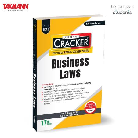 Book cover number 1 for Taxmann's Cracker Business Laws CA-Foundation (Sept. 2026/Jan. 2027 Paper-2) written by S. K. Aggarwal, Manmeet Kaur published by Taxmann Publications Pvt. Ltd.