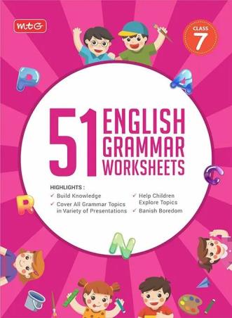 Book cover number 1 for 51 English Grammar Worksheets Class 7 written by NA published by MTG Learning Media (P) Ltd.