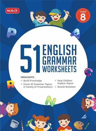 Book cover number 1 for 51 English Grammar Worksheets Class 8 written by NA published by MTG Learning Media (P) Ltd.
